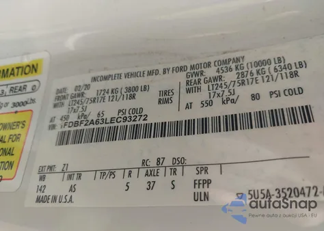 2020 Ford F-250 Xl z USA, uszkodzony, nr VIN 1FDBF2A63LEC93272